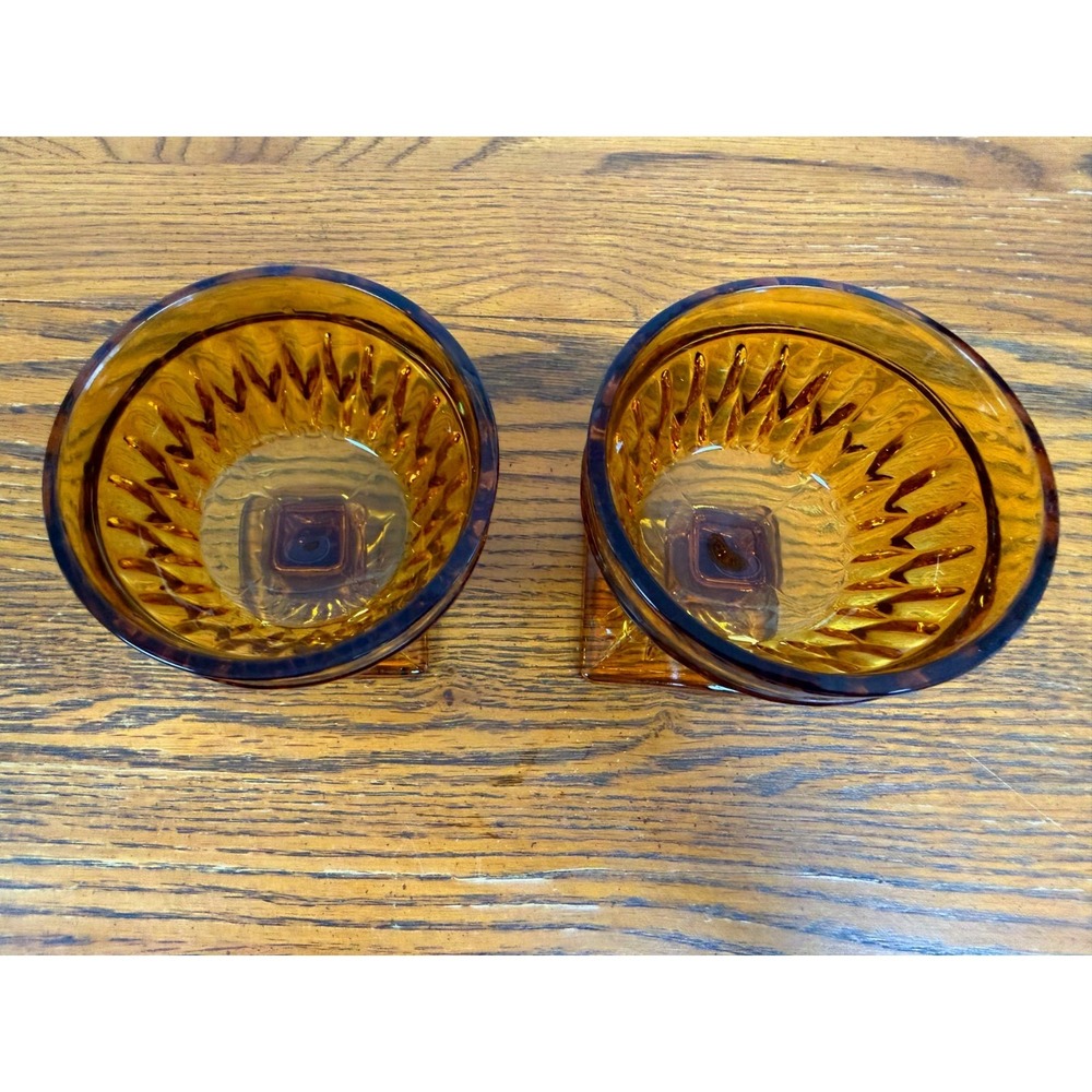 Vintage Amber Glass Sherbet Dessert Cups (2) Diamond Point Square Base Starburst - Picture 2 of 4